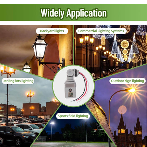 Image of Two Pack Dusk To Dawn And Day Night Sensor For Outdoor Lighting Wide Voltage 120 277 VAC 50 60 Hz IP65 Waterproof Swivel Mount Photocell Easy Install No Fuss Setup Ideal For Yard Parking Lot And Street Lamps with various lighting applications shown.