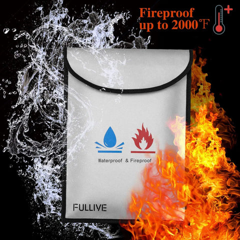 Heavy Duty Fireproof Document Bag For Cash And Files, Waterproof 15x11 Safe Storage Pouch With Silicone Coated Exterior showing fire and water resistance