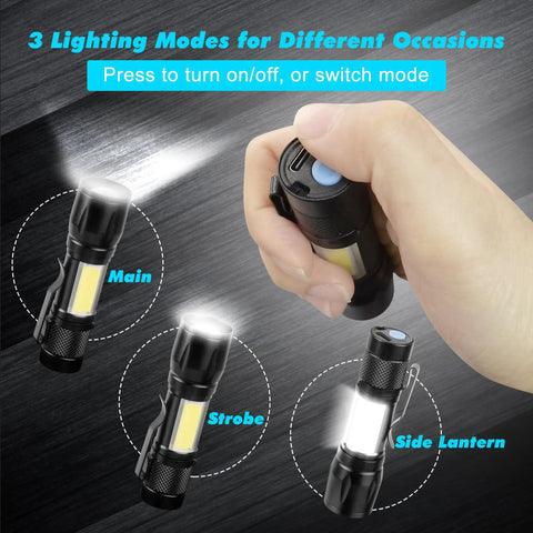 4 Pack Rechargeable Zoomable Mini Clip On Flashlights With Side COB Light USB C Recharge 500mAh Battery Super Lightweight EDC Lanterns