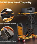 CAMMOO hydraulic lift table cart, yellow, 330 lbs capacity, double scissor lift with non-slip pad.