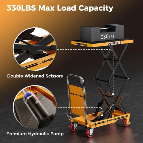 CAMMOO hydraulic lift table cart, yellow, 330 lbs capacity, double scissor lift with non-slip pad.