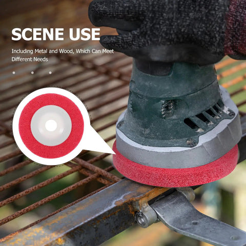 Nylon Buffing And Polishing Wheels For Plastic And Wood With Efficient High Speed Grinding Non-Woven Abrasive Discs For Auto Maintenance At Home on a metal surface.