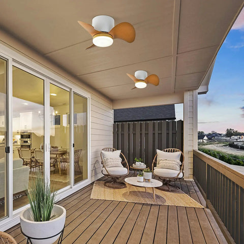 Wooden blade low profile ceiling fan with lights and remote 22 inch modern reversible multi speed flush mount on patio ceiling.