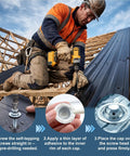 Construction worker using All In One Roof Repair Kit With 200 Self Drilling Metal Roof Screws And 200 Screw Caps Leak Proof Weatherproof Protective Set For Easy DIY Home Improvement And Quick Metal Roof Fixes on metal roof panel