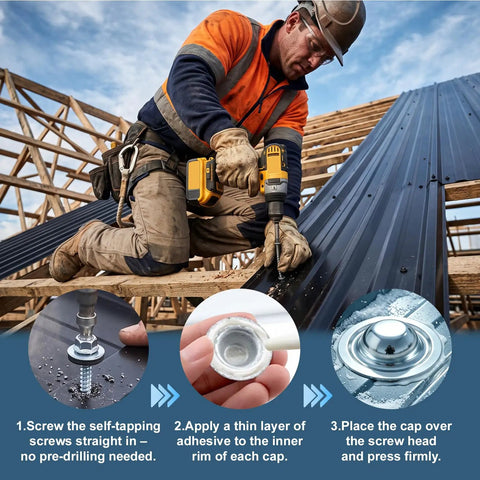 Construction worker using All In One Roof Repair Kit With 200 Self Drilling Metal Roof Screws And 200 Screw Caps Leak Proof Weatherproof Protective Set For Easy DIY Home Improvement And Quick Metal Roof Fixes on metal roof panel