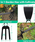Heavy Duty 2 In 1 Garden Hoe And Cultivator With A 45 Inch Long Adjustable Handle for weeding, loosening soil, and digging weeds.