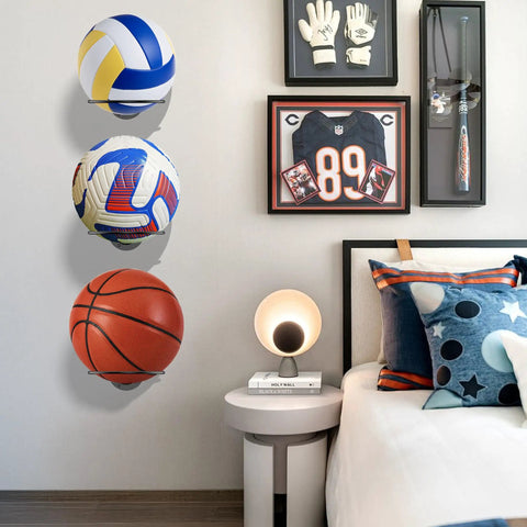 Metal Ball Holder Rack Wall Mounted Two Piece Set Black Heavy Duty Wall Display Storage For Soccer Basketball Volleyball Rugby Football Easy Install With Screws in bedroom setting.