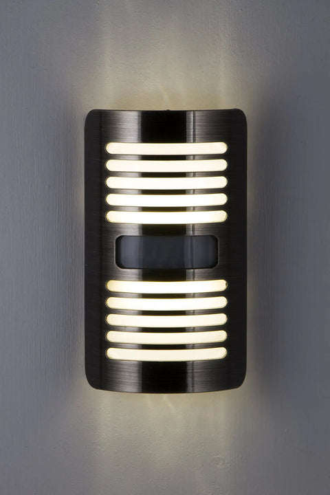 Plug In LED Motion Sensor Night Light With 40 Lumens And Motion Select For Boost Or Activation Dusk To Dawn Auto On Detects Motion Up To 25 Feet Brushed Nickel Louver Finish Great For Hallways And Desks 1 Pack