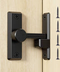 Heavy Duty Sliding Barn Door Latch With 90/180 Degree Universal Operation, black zinc alloy latch with screws on wooden door