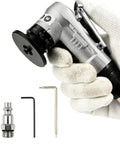 Mini Pneumatic Chamfering Tool For Metal, Portable Handheld Burr Trimmer with accessories, held in gloved hand.