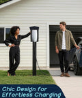 Heavy Duty Outdoor EV Charger Pedestal With Weather Shield Roof For Tesla Wall Connector And J1772 Level 2 Stations, couple using it in driveway.