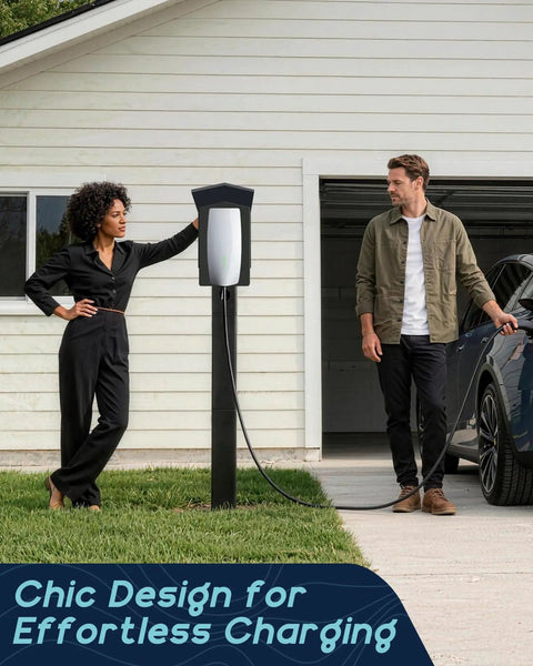 Heavy Duty Outdoor EV Charger Pedestal With Weather Shield Roof For Tesla Wall Connector And J1772 Level 2 Stations, couple using it in driveway.