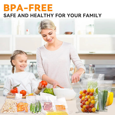 Family using Quart Vacuum Sealer Bags For Food 8 By 12 Inches 50 Count BPA Free Thick Bags For Freezer Storage Meal Prep And Portion Control