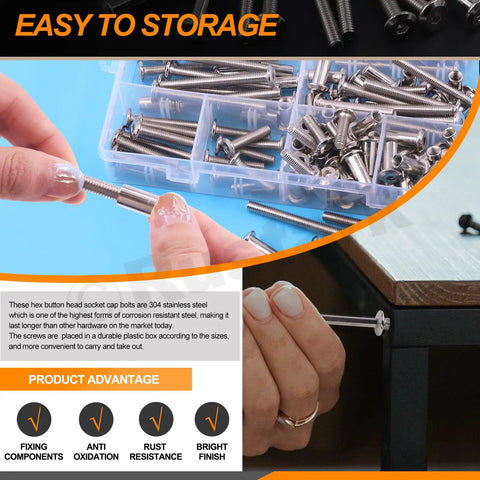 Kickass M6 Connector Bolt And Cap Nut Assortment Kit For Furniture Joints and Desk Assembly showing stainless steel bolts in storage.