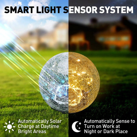 Solar Cracked Glass Ball Outdoor Lights For Garden Decor Waterproof LED Warm White Two Globes Size Five Point Nine Inch Easy Setup Pathway Patio Yard Lawn Auto On At Night 6 To 8 Hour Charge Runs 8 To 10 Hours showcasing smart light sensor system.