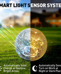 Two Globe Cracked Glass Solar Garden Lights with smart light sensor, showing day charging and night glowing on pathway