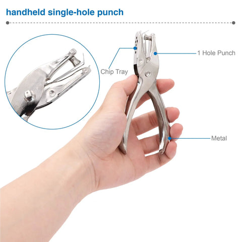 Hand holding Tiny One Eighth Inch Circle Hole Paper Punch, compact handheld metal puncher with 8-sheet capacity and anti-rust construction.