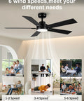 52 Inch Black Outdoor Ceiling Fan With Light And Remote, displayed in various room settings, showing 6 wind speeds.