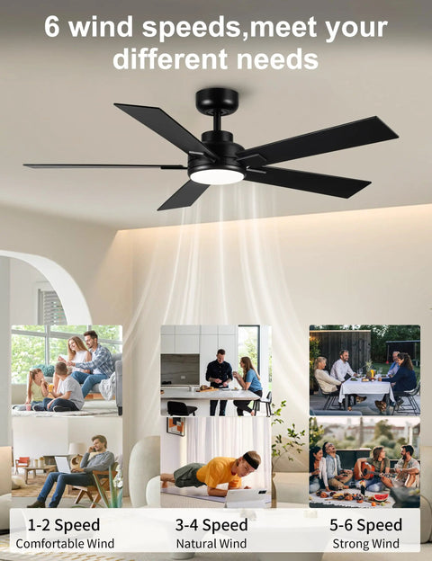 52 Inch Black Outdoor Ceiling Fan With Light And Remote, displayed in various room settings, showing 6 wind speeds.
