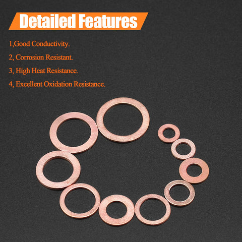 Copper Washers Kit 220 Pieces Ten Sizes M5 M6 M8 M10 M12 M14 M16 Flat Sealing Washers For Tight Seals on black background