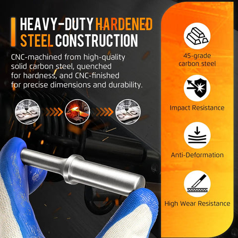 3/16 Inch Rivet Set For Pneumatic Air Hammer With.401 Shank, displaying heavy-duty hardened steel construction features.