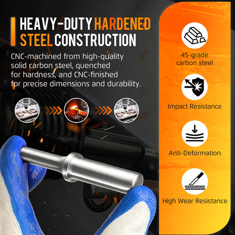 Heavy-duty hardened steel construction of Quarter Inch Rivet Set For Pneumatic Hammers Pro Grade Universal Round And Dome Solid Rivets Kit