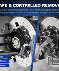 Close-up of 12 Piece Bearing Puller Set Workhorse Pro 5 Ton Capacity with 2 Inch and 3 Inch Bearing Separator Jaws in use on wheel hub.
