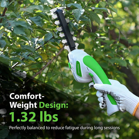 Hand holding Go To 2 In 1 Grass Shear And Hedge Trimmer For Small Bushes And Lawns Cordless Handheld Electric Tool in garden