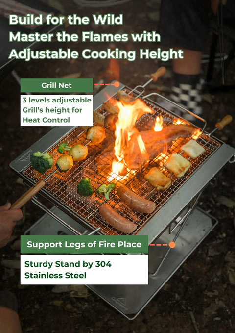 Three In One Flatpack Portable Fire Pit And Grill 16 Inch Heavy Duty Stainless Steel Wood Burning Camping Stove with food cooking