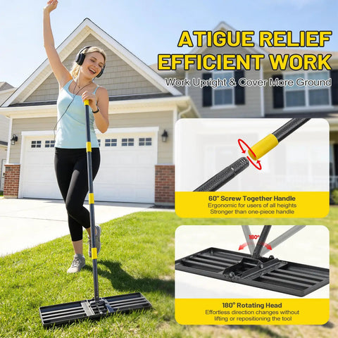 Woman using Foldable Lawn Leveling Rake With 30x10 Inch Ground Plate And 72 Inch Adjustable Handle in garden