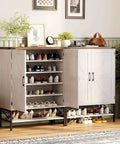 Farmhouse Style Shoe Cabinet With Two Barn Doors, 32 Inch Antique White Storage Organizer, open showing shelves with shoes