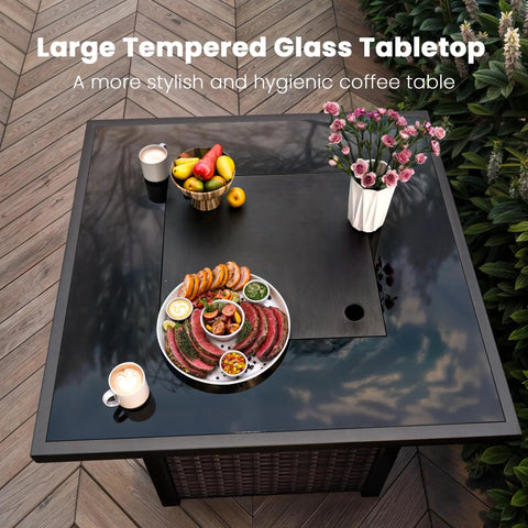 Outdoor Gas Fire Pit Table With 28 Inch Rattan Square Design Glass Wind Guard Tempered Glass Top Lid CSA Listed 50000 BTU Brown