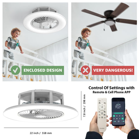 Comparison of bladeless ceiling fan with light and remote control 22 inch low profile modern enclosed indoor fan with child safety