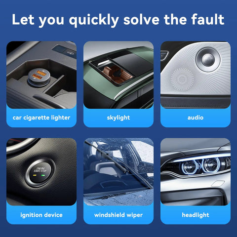 Image showcasing car components like car cigarette lighter, skylight, audio system, ignition device, windshield wiper, and headlights.