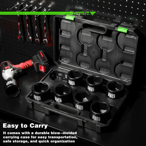 Beefy 9 Piece 6 Point Impact Socket Set With Jumbo SAE Size Range From 2 And 1 Sixteenth Inch To 2 And A Half Inch in a case