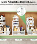 Heavy Duty 2 Pack Under Sink Organizer With Adjustable 3 Tier Metal Pull Out Drawers For Kitchen Cabinet And Bathroom Vanity showing adjustable height levels.