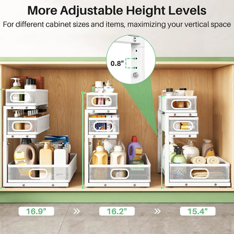 Heavy Duty 2 Pack Under Sink Organizer With Adjustable 3 Tier Metal Pull Out Drawers For Kitchen Cabinet And Bathroom Vanity showing adjustable height levels.
