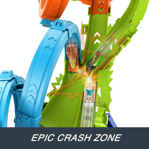 Close-up of Four Loop Track Set With Three Way Crash Zone And Motorized Booster For Nonstop Stunts, showing crash zone.