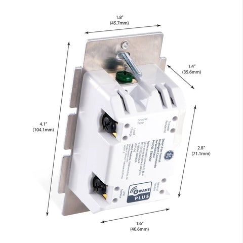 Back view of Z Wave Plus In Wall Smart Fan Speed Controller with dimensions displayed