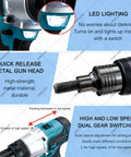 Cordless Electric Rivet Nut Gun Set With 5.2Ah Battery showing LED lighting, quick release metal gun head, and dual gear switching features.