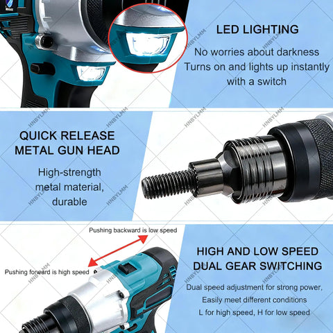 Cordless Electric Rivet Nut Gun Set With 5.2Ah Battery showing LED lighting, quick release metal gun head, and dual gear switching features.