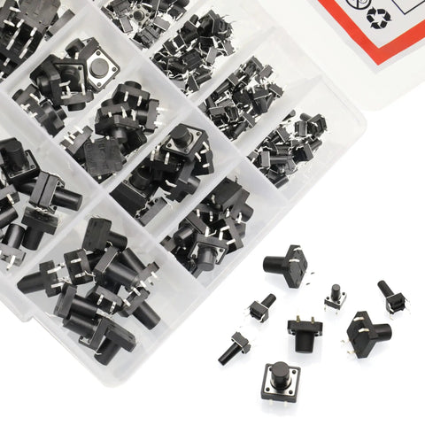 300 Pack Tactile Push Button Switch Assortment Kit, Micro Momentary, 6x6mm And 12x12mm, 20 Value Sizes in plastic organizer box
