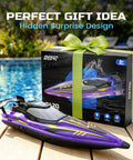 Purple 17 Inch High Speed RC Jet Boat with Self Righting Design, Nine LED Lights, and box by pool; gift idea