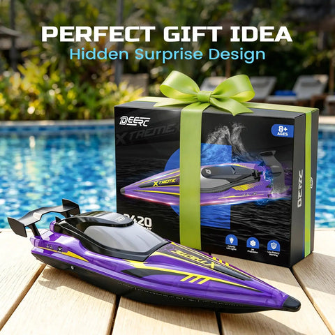 Purple 17 Inch High Speed RC Jet Boat with Self Righting Design, Nine LED Lights, and box by pool; gift idea
