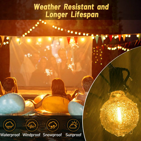 Lit 196ft Outdoor Globe LED String Lights Warm White Shatterproof Bulbs Waterproof shown in a party setting