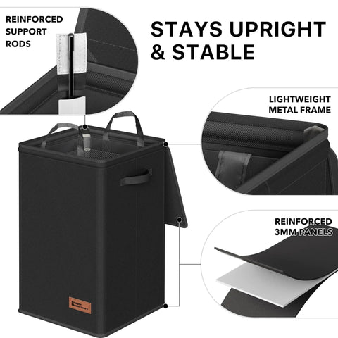 Foldable Laundry Hamper Basket With Lid And Removable Bag Black Durable Lightweight Polypropylene tote with reinforced frame