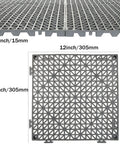 Interlocking Cushion PVC Flooring Tiles Set 12x12 Inches No Slip Drainage Mats, single tile with measurements, top view.