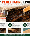 Deep Penetrating Epoxy solution in a cup with wood flour for heavy duty wood repair kit use; 48 Oz for waterproof fixes.