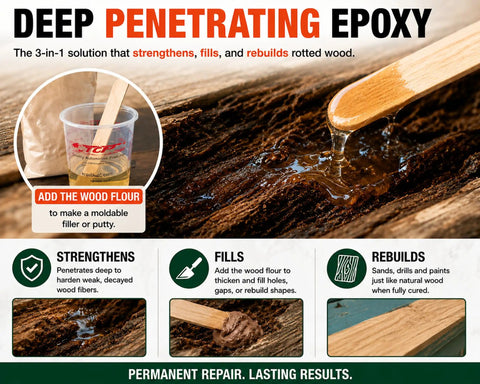 Deep Penetrating Epoxy solution in a cup with wood flour for heavy duty wood repair kit use; 48 Oz for waterproof fixes.