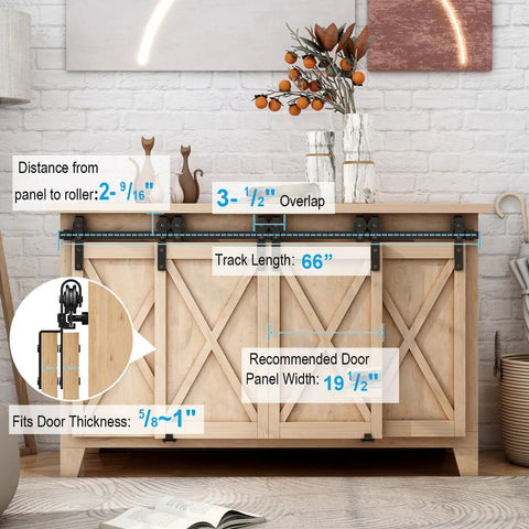 Six Foot Mini Bypass Barn Door Hardware Kit For Four Doors Heavy Duty Cabinet Track System For Cabinets TV Stands And Cupboards Loads Up To 110 Lbs With 3.54 Inch Clearance Above Door